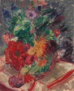 Still life with flowers and striped cloth