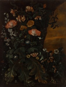 Still life of poppy anemone, honeysuckle, rose, white delphinium, aster, morning glory and other flowers before a tree, with insects and a frog, a mountainous landscape beyond