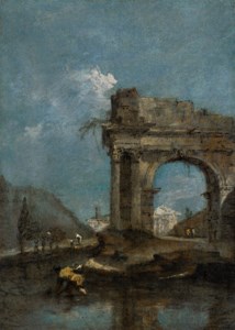 A capriccio with a classical arch beside a river bank with a fisherman and the atrium of a villa in the distance