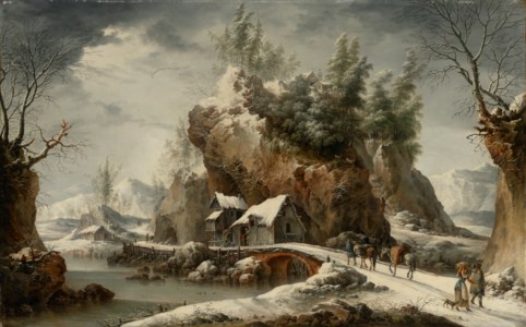 Winter village landscape with travelers approaching a bridge