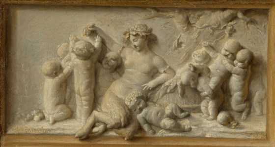 A trompe l'oeil bas-relief of a female faun with putti in a landscape