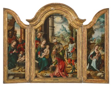 A triptych, central panel: The Adoration of the Magi; the wings: The Nativity; and The Rest on the Flight into Egypt