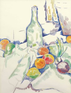 Still Life: Bottle and Fruit on Table