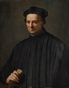 Portrait of gentleman, half-length, in black robes and a cap, holding a pair of gloves