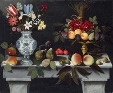 A still life with a blue-and-white vase of flowers, a gilt tazza with peaches, plums and fraises du bois , with a pear, figs, cherries, peaches and other fruit on a ledge