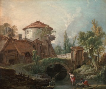 A woman and boy crossing a stream beneath a dovecote