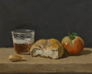 Still Life with Glass of Beer, Roll, Tomato, and Almond