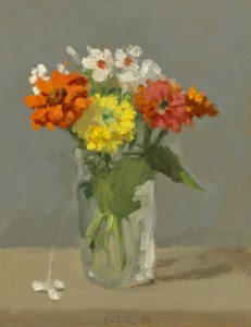 Zinnias and White Flowers in a Glass Jar