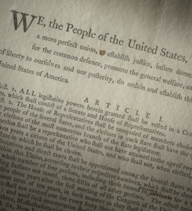 THE UNITED STATES; RUFUS KING (1755-1827), We, the People of the United States, in order to form a more perfect union, to establish justice, insure domestic tranquility, provide for the common defence, promote the general welfare, and secure the blessings of liberty to ourselves and our posterity, do ordain and establish this Constitution for the United States of America… .