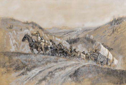 "Ten or twelve horses to a wagon stretching themselves out in long muscular tension"