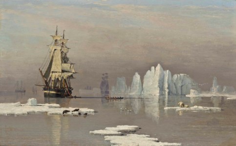 The Northern Whale Fishery: The Hull whaling ships Isabella and Swan in Baffin Bay with seals and polar bears on ice floes before them