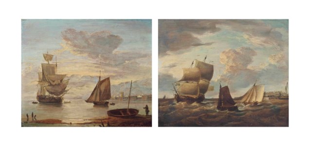 A Royal Navy frigate at anchor and drying her sails off Sheerness; and A Royal Navy warship and river craft off the dockyard at Chatham (both illustrated)