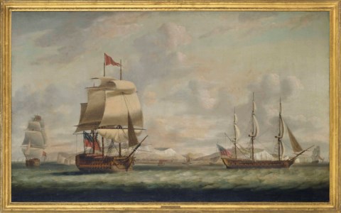 A flagship of the Red Squadron with her consorts passing Dover as they beat their way up the Channel