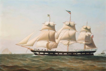 The full-rigged ship Daniel Rankin under reduced sail off Ailsa Craig