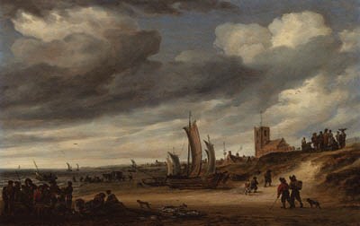 Salomon van Ruysdael, The beach at Egmond-aan-Zee, with figures and boats on the shore