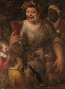 A man as Bacchus drinking wine, with two youths, a magpie, and an ape