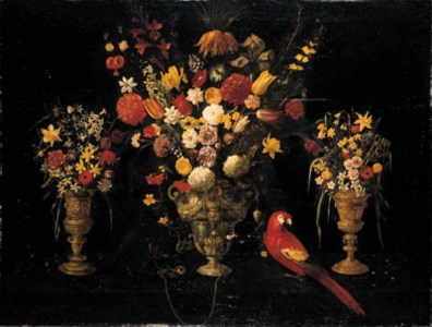 Tulips, carnations, irises, daffodils, hyacinths and other flowers in three ornamental silver-gilt standing cups with a parrot and a chained squirrel