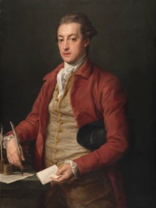 Portrait of the Hon. Lionel Damer, half-length, in a red coat, with a grey vest and a white cravat, holding a letter and a quill pen
