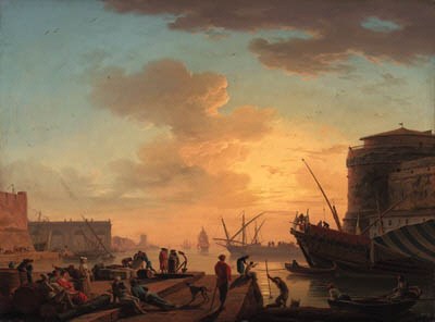 Claude-Joseph Vernet, Le Soir : A Mediterranean harbour at sunset with fisherfolk and merchants on a quay; and Clair de Lune : A Mediterranean harbour by moonlight with fisherfolk by a fire on the shore, a natural arch beyond