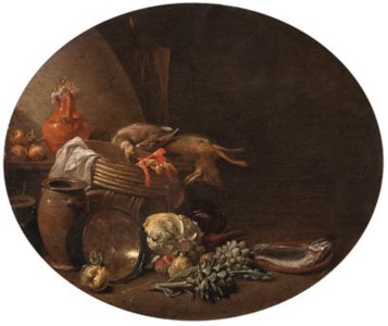 A kitchen interior with a hare and a mallard on a table by a basket with fish on a terracotta plate, apples, artichokes and other vegetables