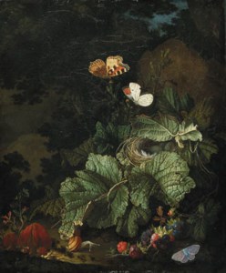 A forest floor still life with a bird's nest, toadstools, snails, blackberries, Tortoiseshell, Aurora, and Common Blue butterflies