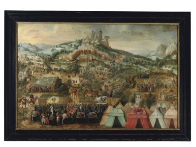 A siege at Thérouanne, with an army led by Charles V encamped below the city