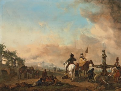 Philips Wouwerman, A hawking party resting by a fountain