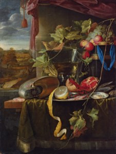 Jan Davidsz. de Heem, A conch shell, a cut and partly-peeled lemon on a silver platter, a broken pomegranate, shrimps, oysters, a wine-filled roemer , fruit and other objects on a partly-draped wooden table before a draped window casement, an extensive landscape beyond