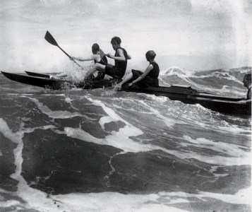 Rico Broadwater, Gugy Kuhn, and Lisbeth Thomas on a pedal-boat, Deauville, 1917