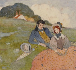 A couple seated in a rural landscape, probably for 'The Novels of the Sisters Brontë'