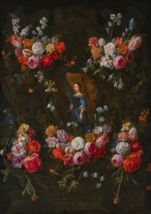Swags of flowers in an ornamental cartouche, surrounding a portrait of a girl holding a fan
