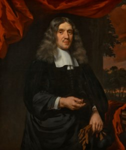 Portrait of Wigbold Slicher (1627-1718), three-quarter-length, leaning on a window sill, a landscape beyond