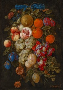 A festoon of fruit hanging from a blue ribbon