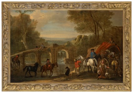 Figures and horses by a bridge in a river landscape