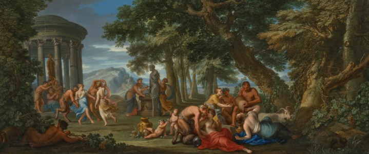 A bacchanal with nymphs and satyrs dancing, playing music and drinking wine, with a bust of Hermes and a classical temple in a landscape