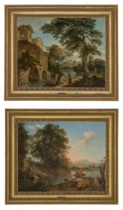 An Italianate landscape with figures resting by a stream near a ruined castle; and An Italianate landscape with herdsmen and their cattle and goats by a stream