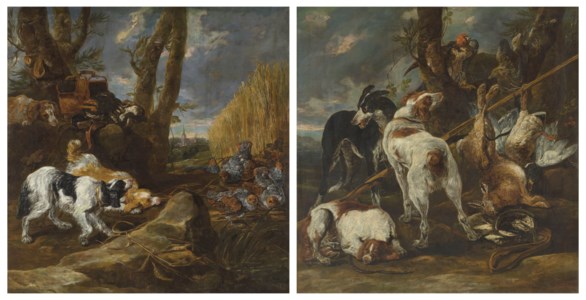 Hounds with French partridges at bay; and Hounds and a hooded falcon with dead game