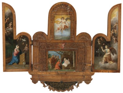 The Van Wittenhorst Triptych: the central panel, lower: The Adoration of the Shepherds; the central panel, upper: A herald angel; the wings: Virgin Annunciate; and the Angel of the Annunciation