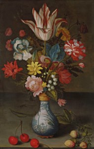 A Semper Augustus tulip and other flowers in a Wan-li gilt-mounted vase on a stone ledge