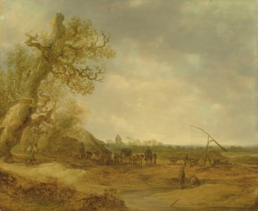 A dune landscape with figures and horsemen by a well