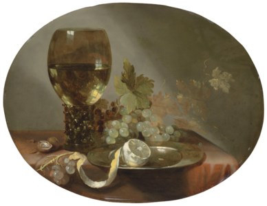 A roemer of sweet wine, with grapes and a lemon on a pewter plate, on a draped table