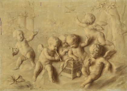 Putti cavorting in a landscape - en grisaille