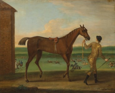A chestnut mare, traditionally identified as Mr. Charles Pelham's Brocklesby Betty , led by a jockey at Newmarket