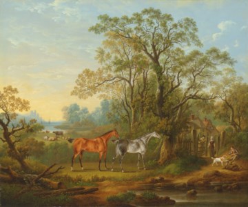 The favourite hunters of Mrs Robert Townley Parker of Cuerden Hall, Lancashire, in a wooded coastal landscape
