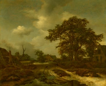 A wooded landscape with cottages, villagers and a dog beyond