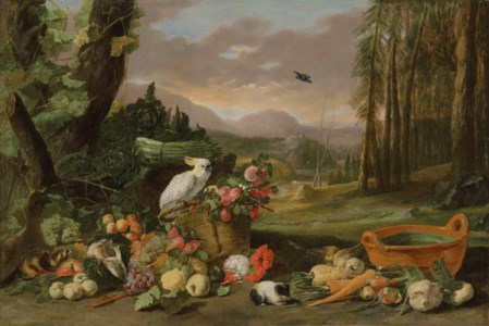 A wooded landscape with a still-life of fruit, a guinea pig and a sulphur-crested cockatoo