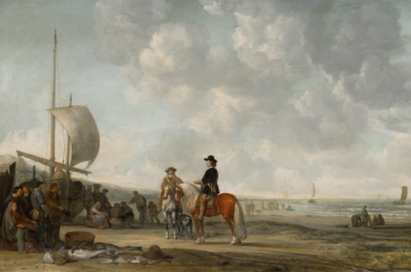 A beach scene with horsemen and fishermen with their catch