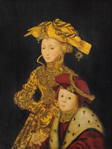 Portrait of a lady and her son, traditionally identified as Sibylle of Cleves (1512-1554) and one of her sons: the lady, three-quarter-length, in a gold-embroidered dress and a jeweled hat, and the son, half-length, in an ermine-trimmed red coat and a jeweled red hat