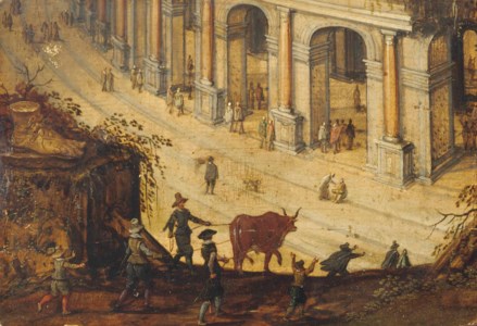 A drover leading a bull on a path, with elegant figures under the arcades of a classical building beyond: a fragment