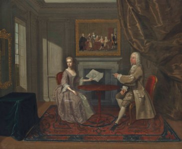 A double portrait of Matthew Robinson (1694-1770) and his wife, Elizabeth Drake (d.1745), full-length, seated at a table in an interior